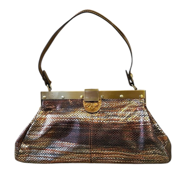 Patricia Nash Vintage Metallic Silver Gold Embossed Snakeskin Leather Bag
